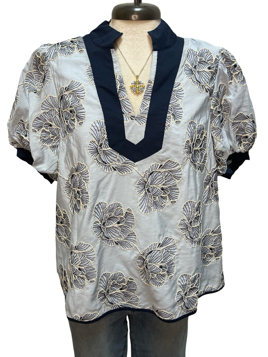 Embroidered V Neck Top Blue