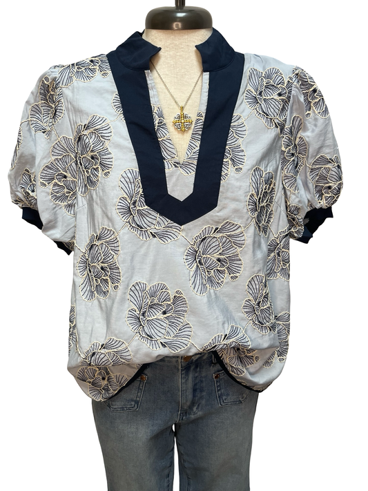 Embroidered V Neck Top Blue
