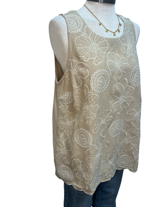 Floral Embroidered Sleeveless Top Tan