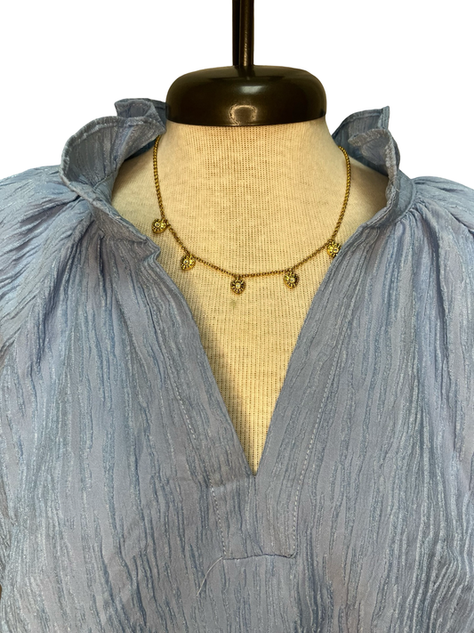 Linen Blend Ruffle Dress Blue