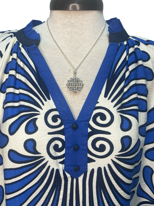 Mix Printed V Neck Dress Blue