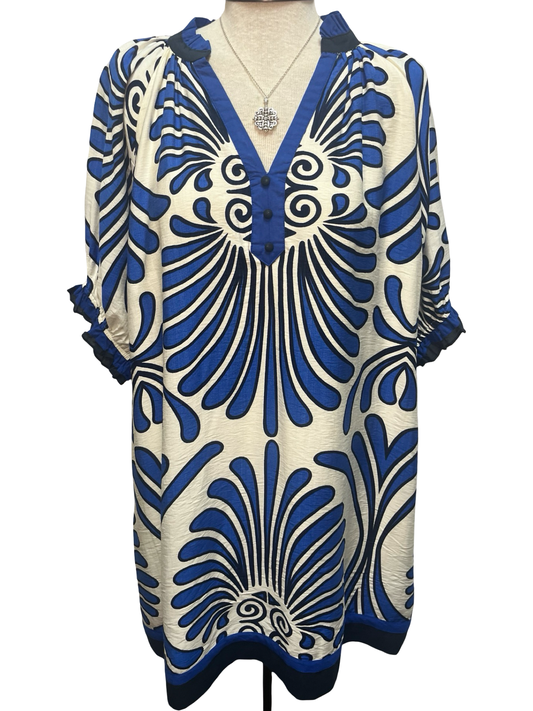 Mix Printed V Neck Dress Blue
