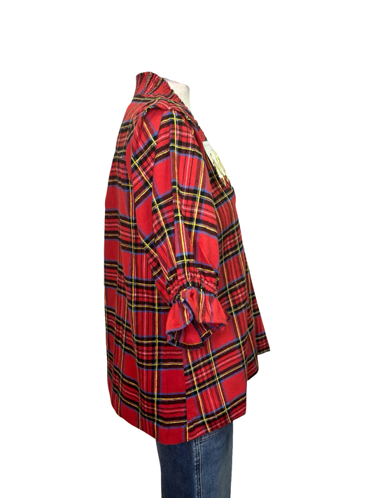 Plaid Smocked V Neck Flannel Top Red