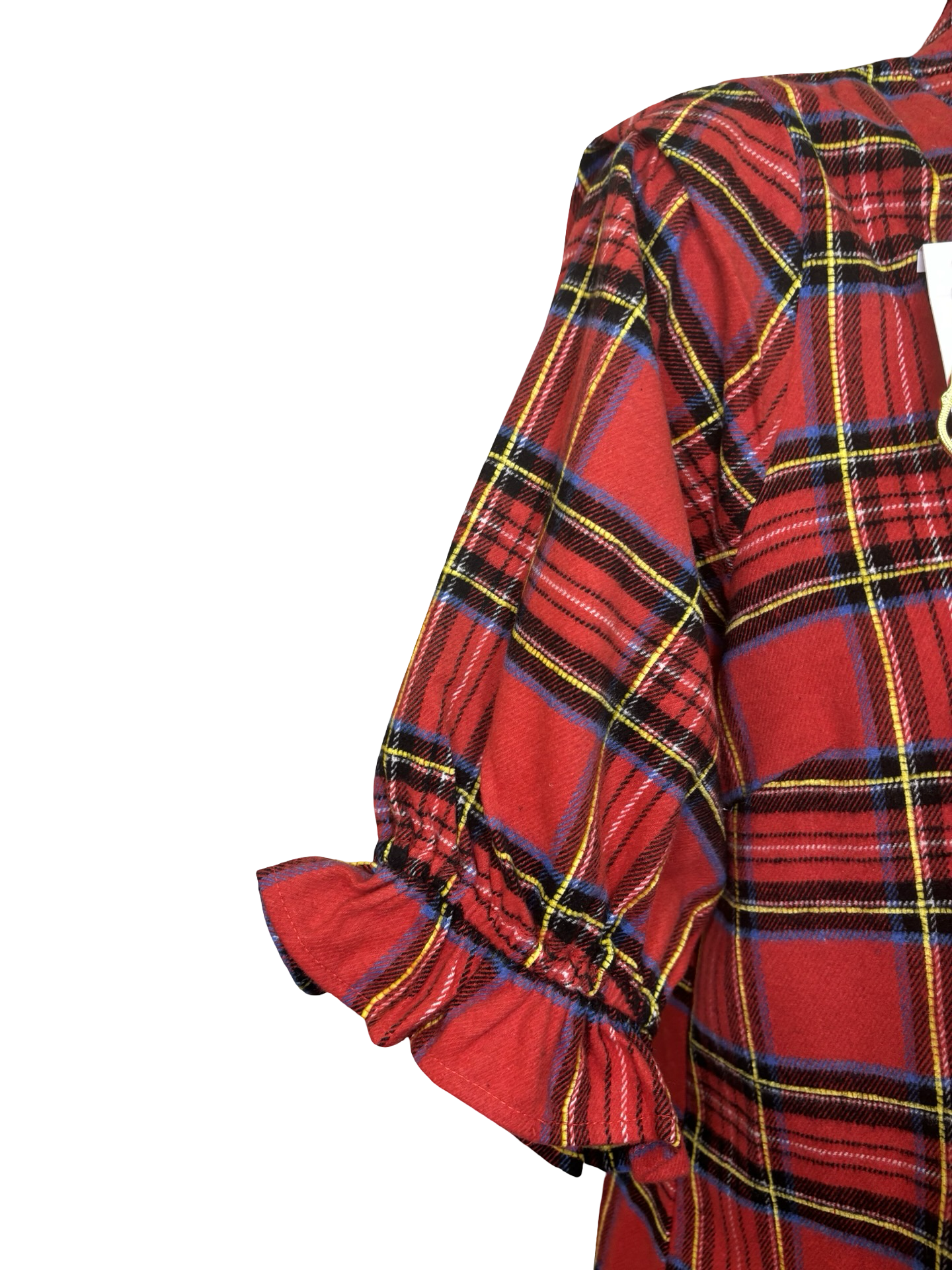 Plaid Smocked V Neck Flannel Top Red