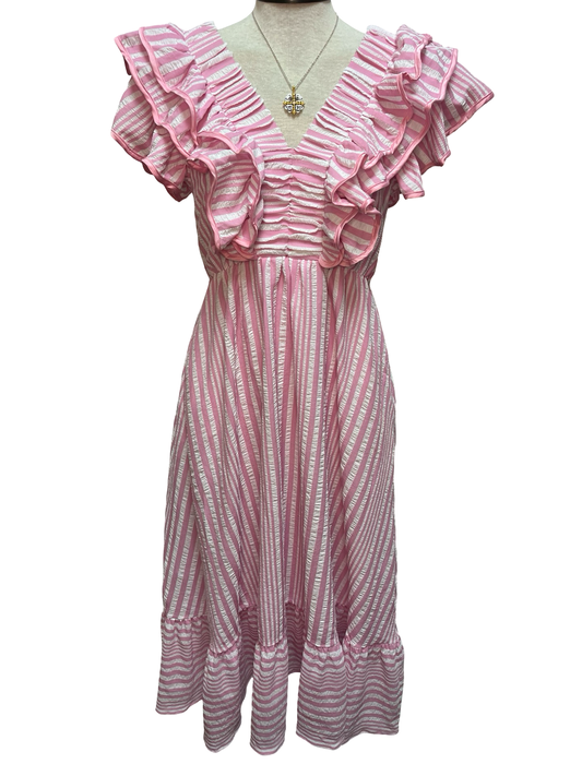 Ruffled Striped Midi Dress Pink