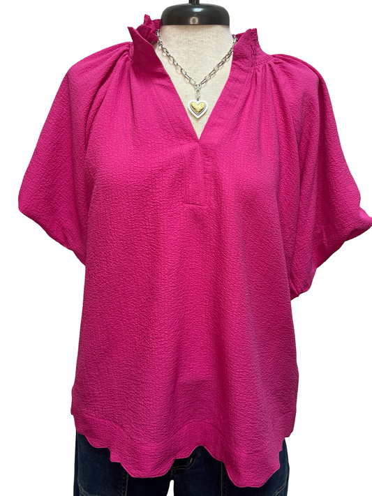 Scalloped Hem Textured Blouse Fuchsia