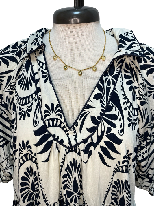 Two Tone Border Print Midi Dress Cream