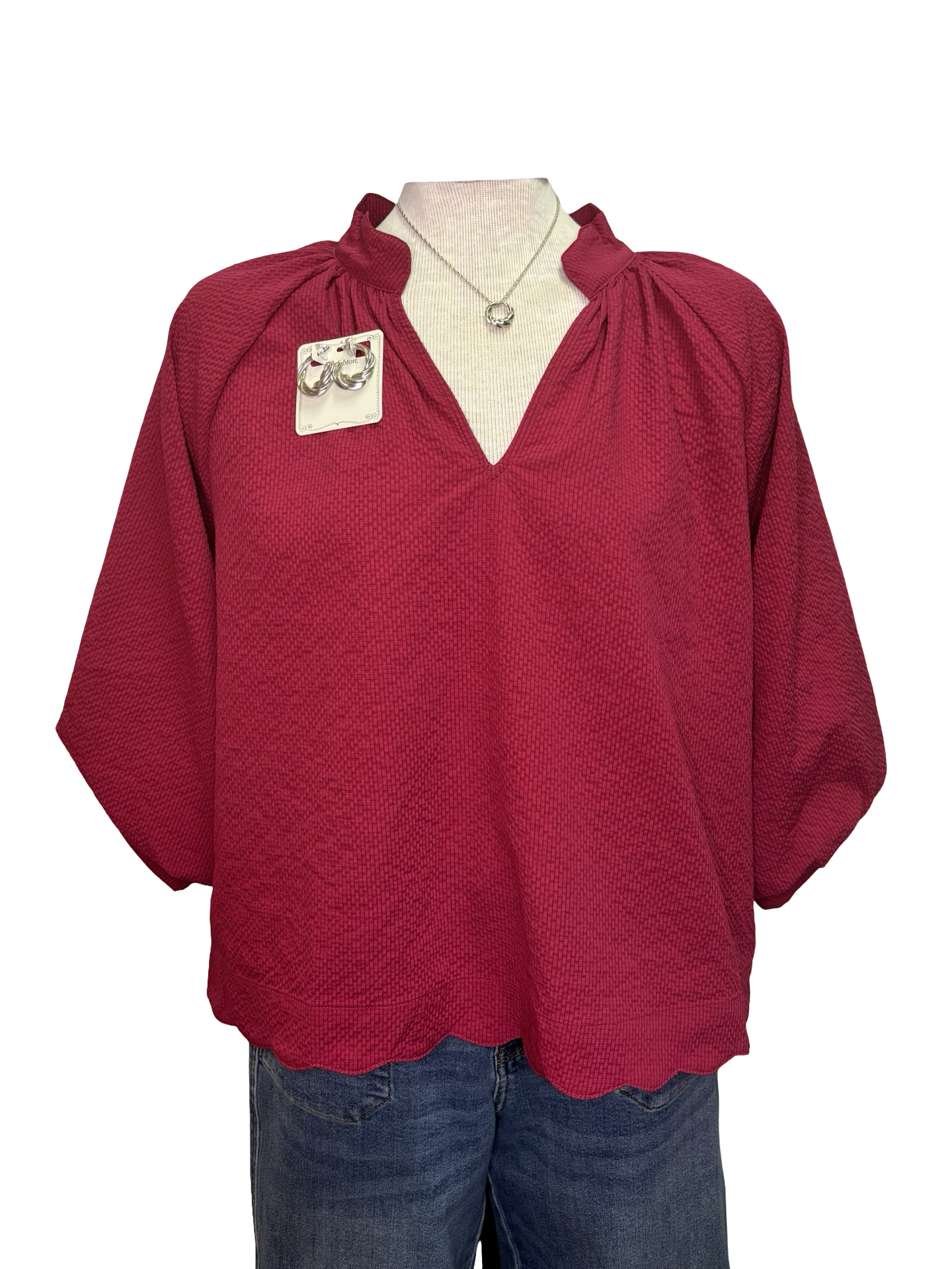 V Neck Balloon Sleeves Textured Top Crimson