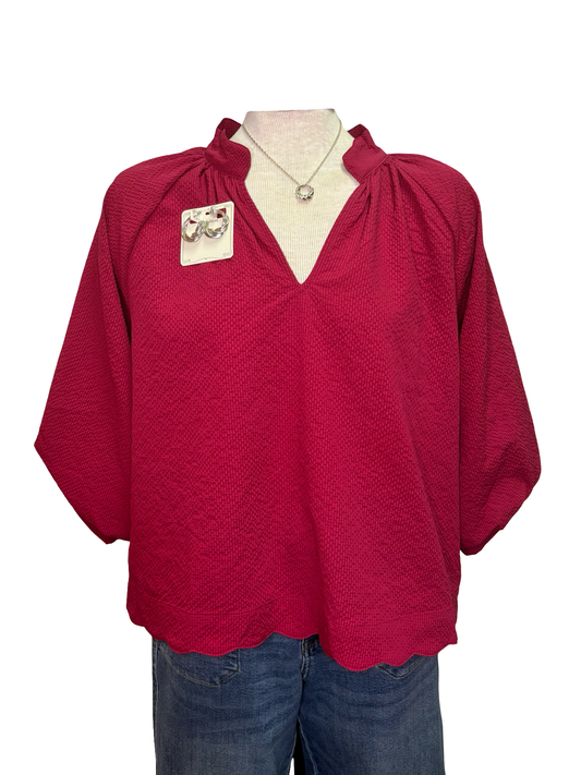 V Neck Balloon Sleeves Textured Top Crimson