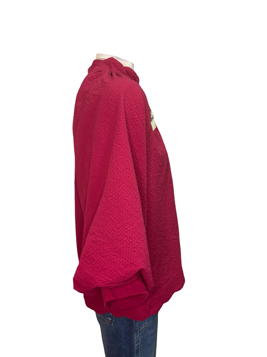 V Neck Balloon Sleeves Textured Top Crimson