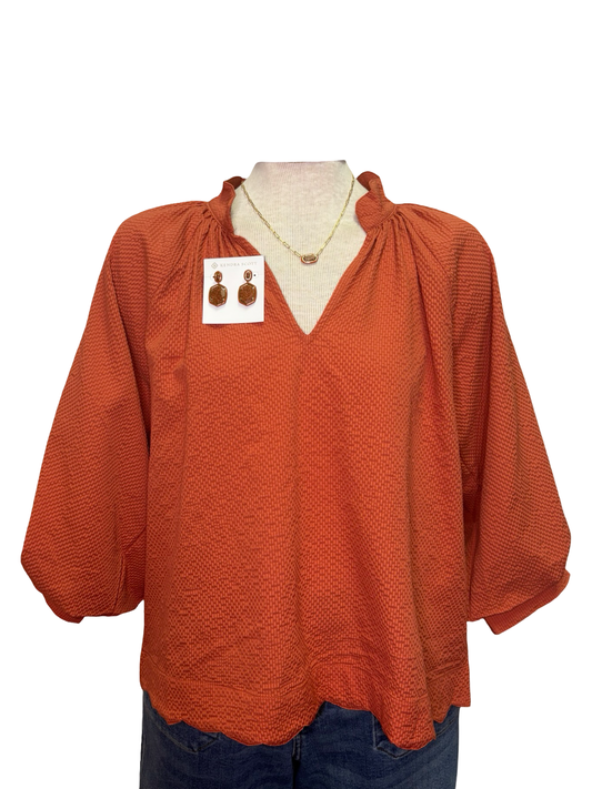V Neck Balloon Sleeves Textured Top Rust