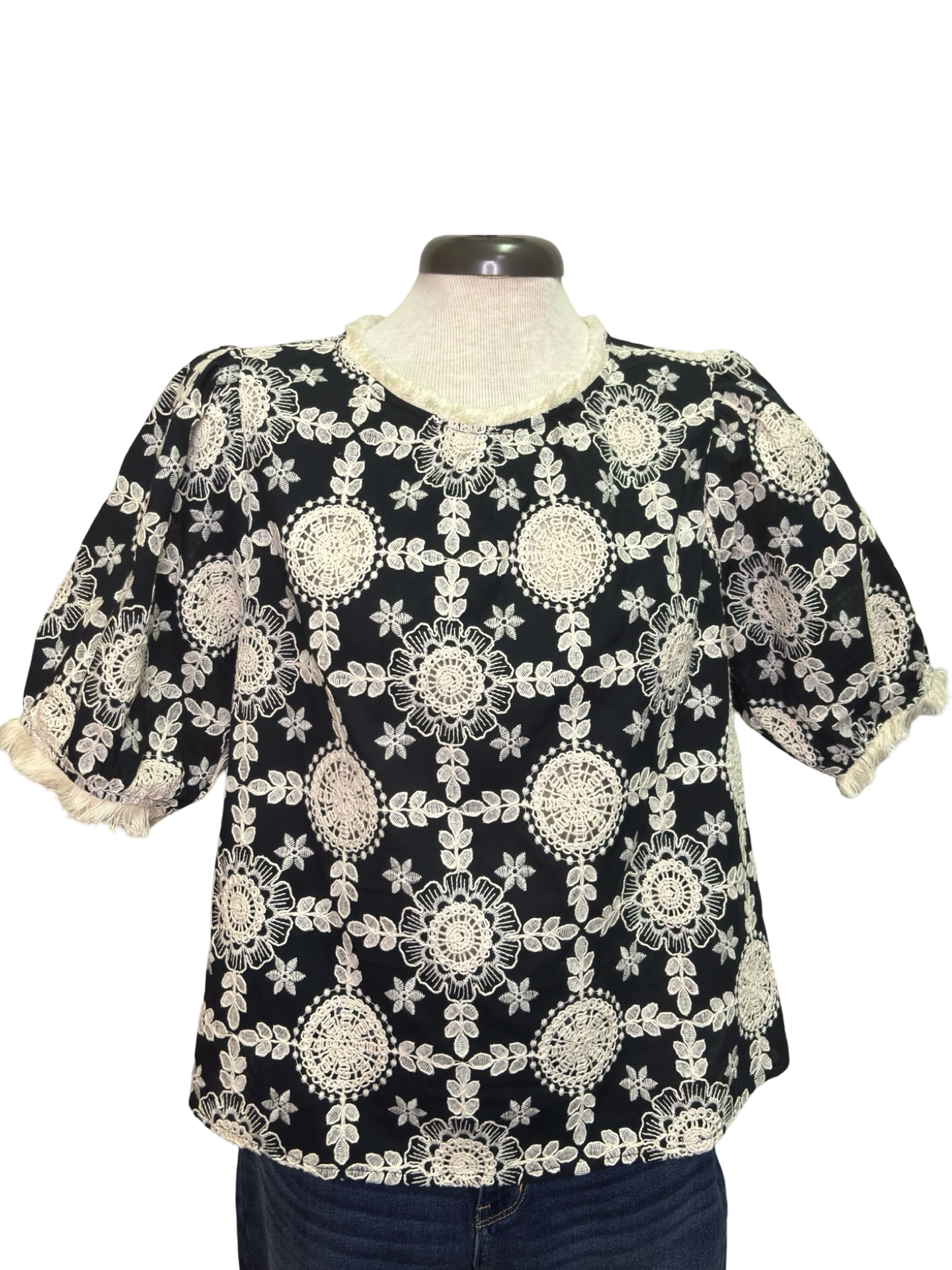 Embroidered Fringe Summer Top Black