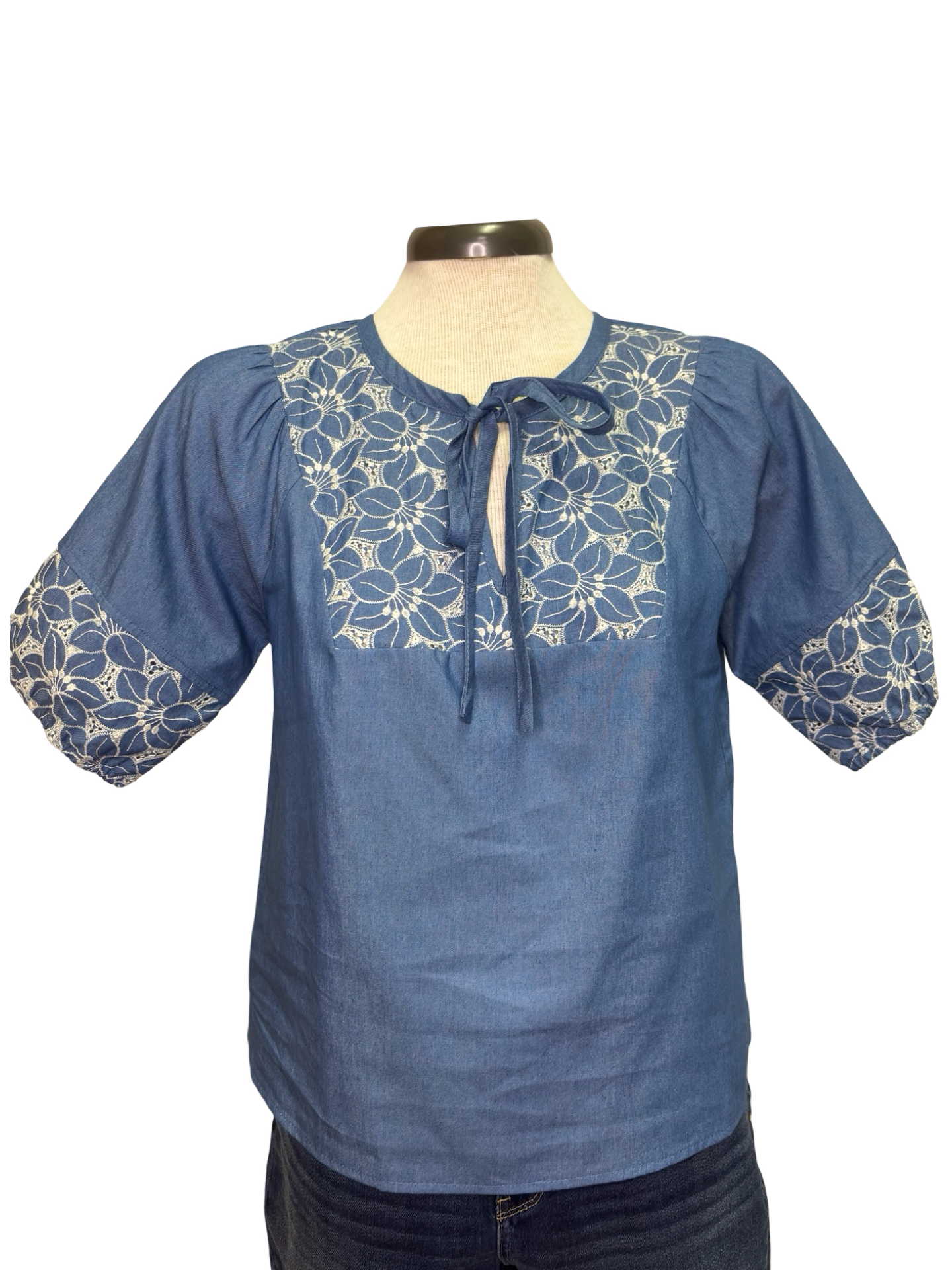 Floral Embroidery Self Tie Top Blue