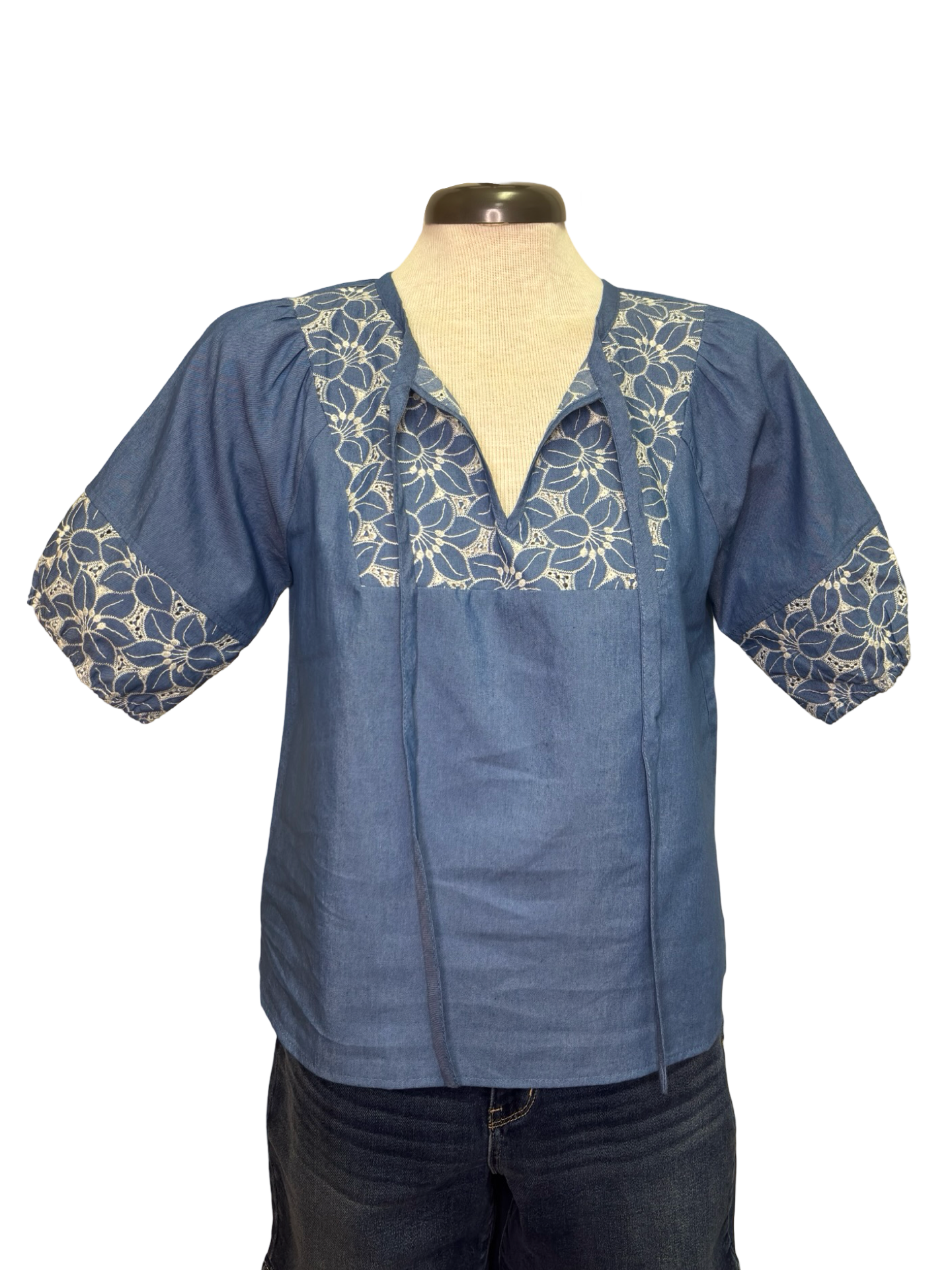 Floral Embroidery Self Tie Top Blue
