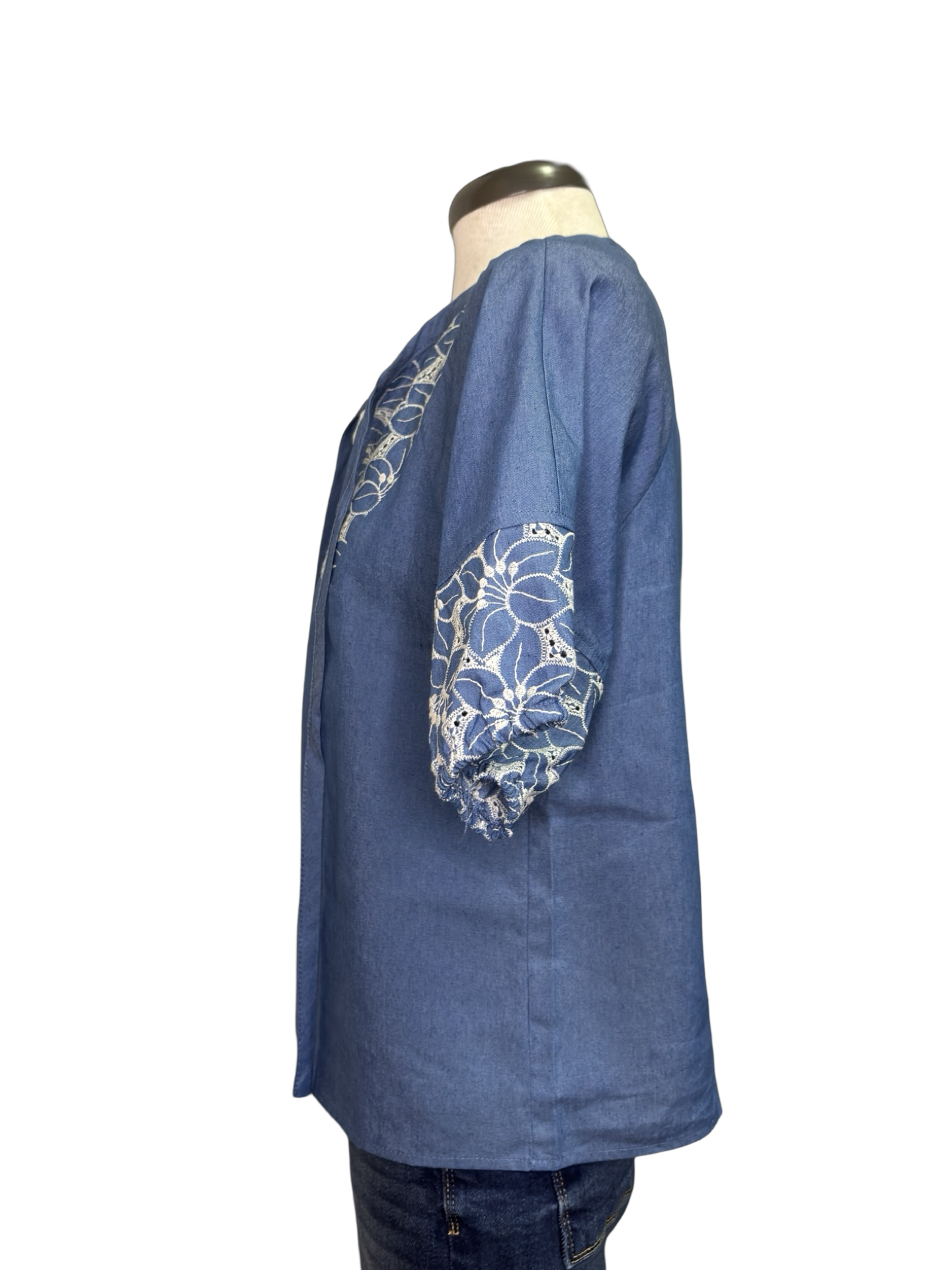 Floral Embroidery Self Tie Top Blue