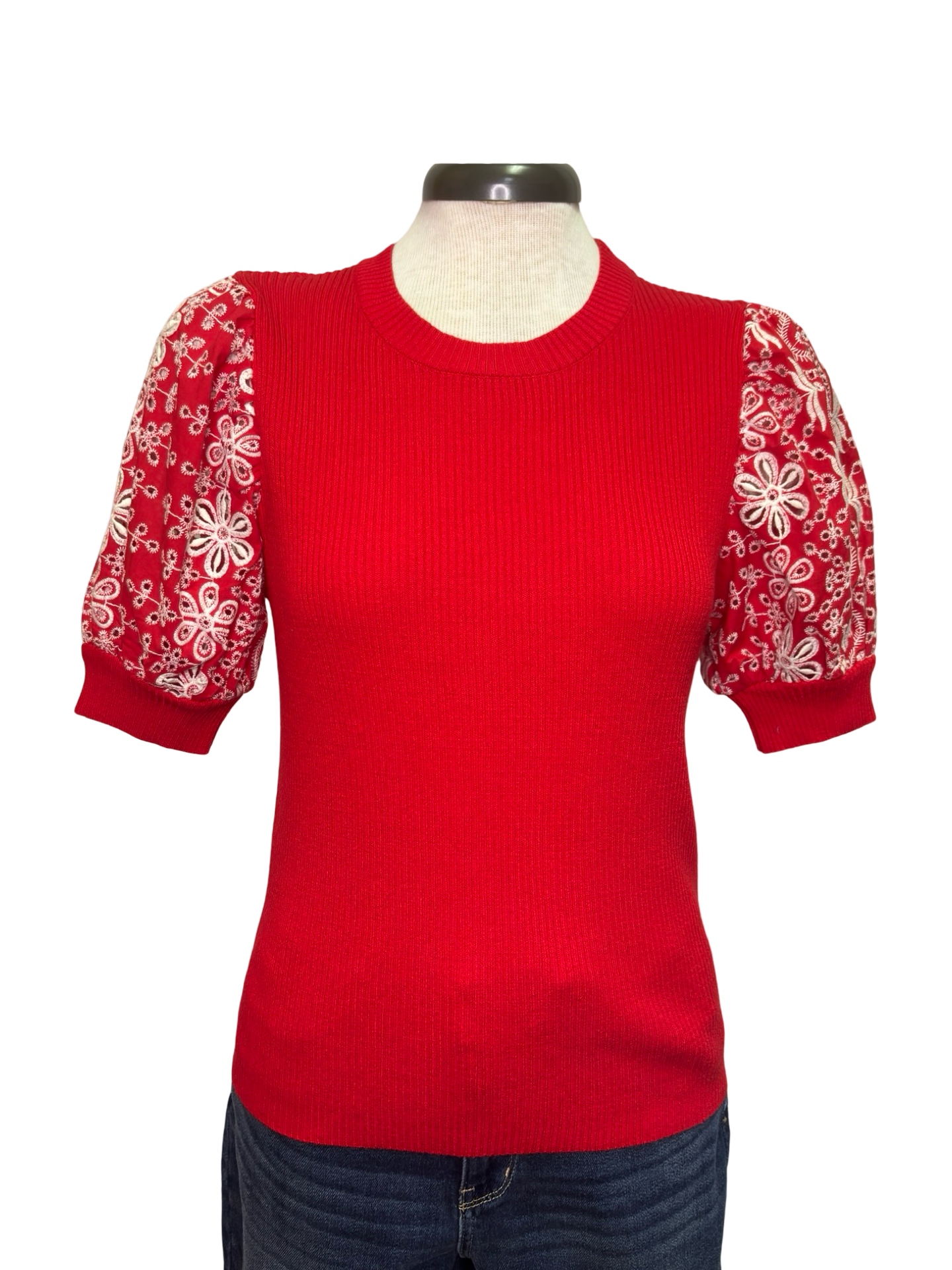 Floral Eyelet Knit Top Red
