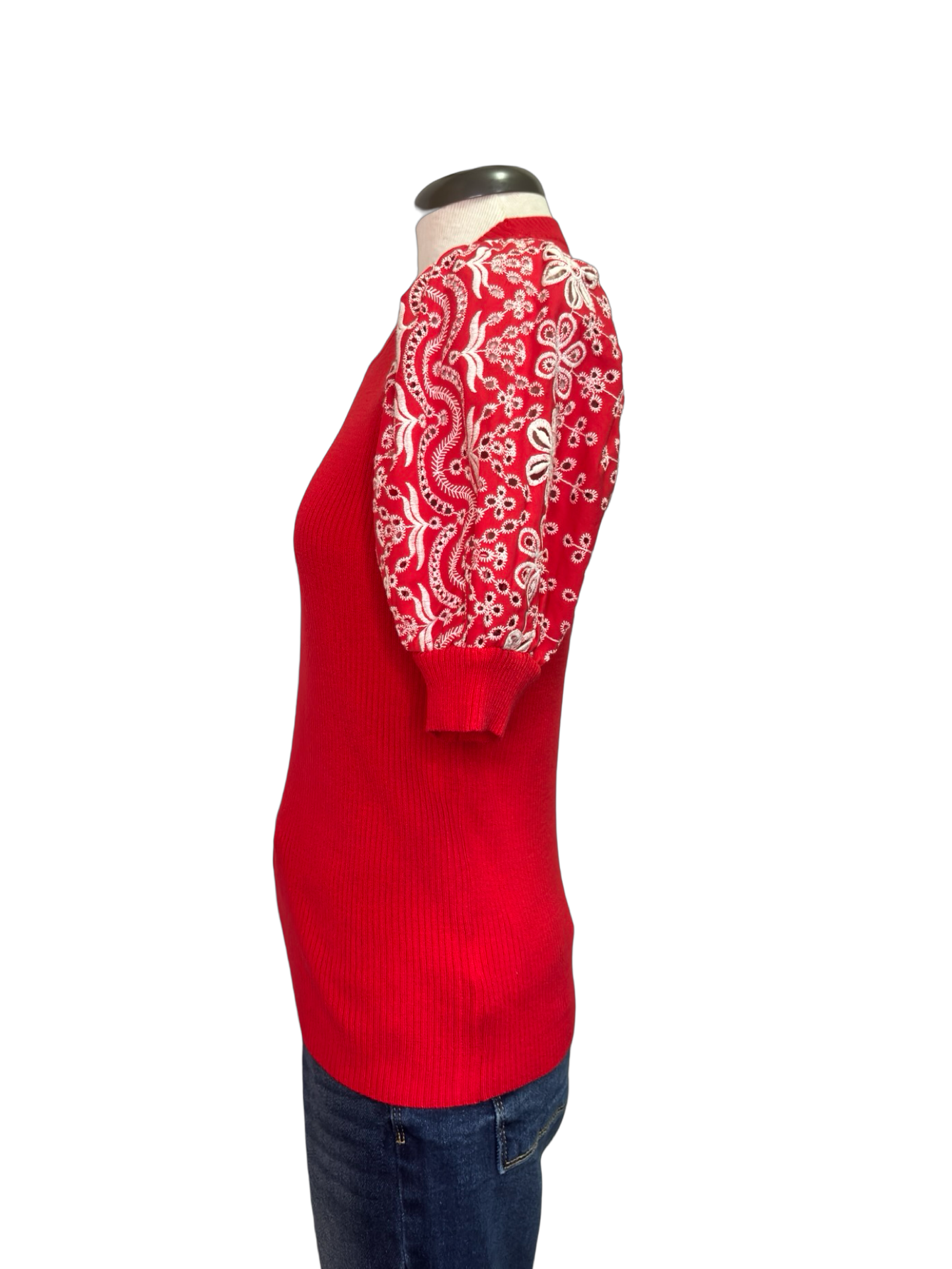 Floral Eyelet Knit Top Red