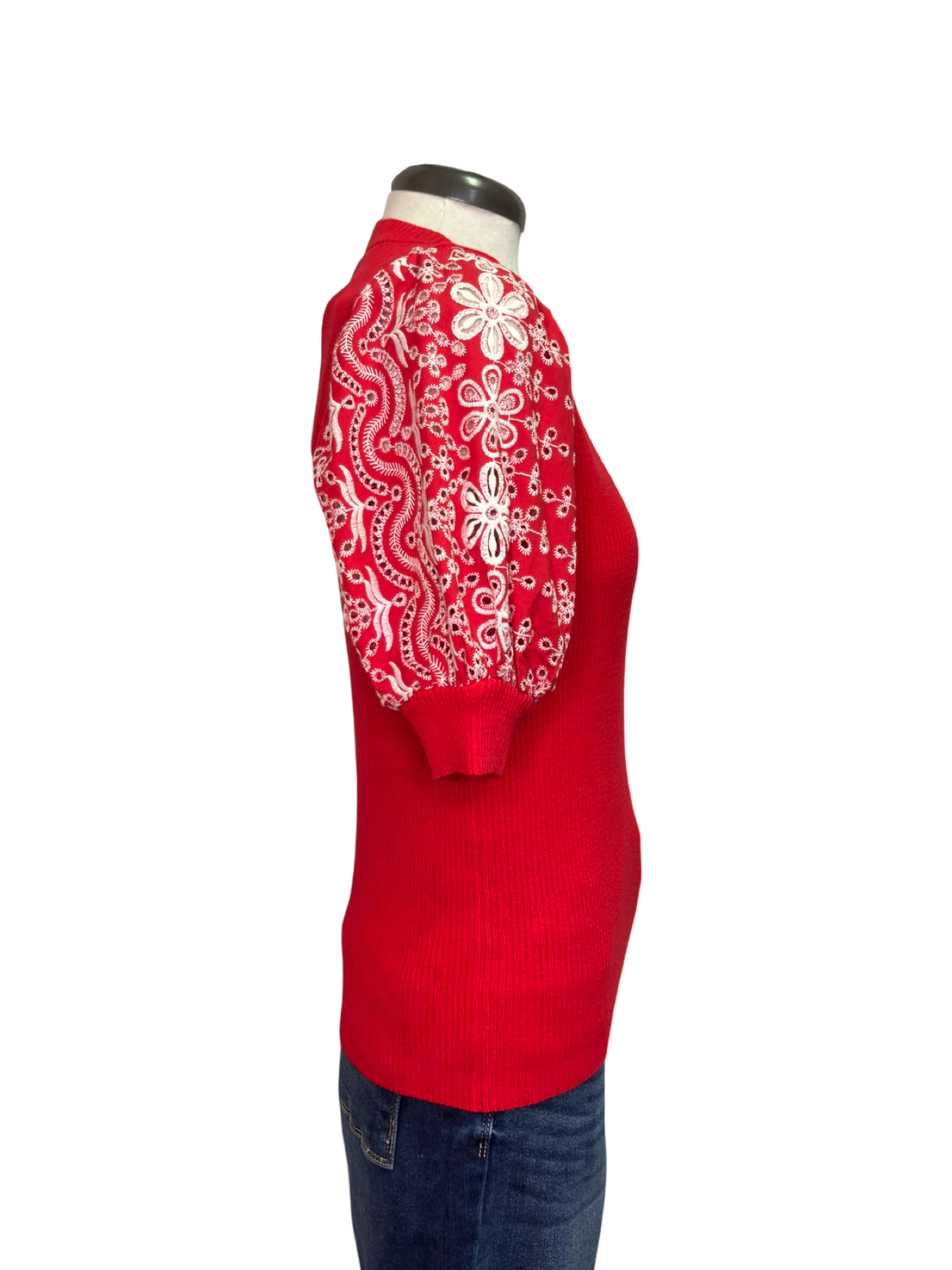 Floral Eyelet Knit Top Red