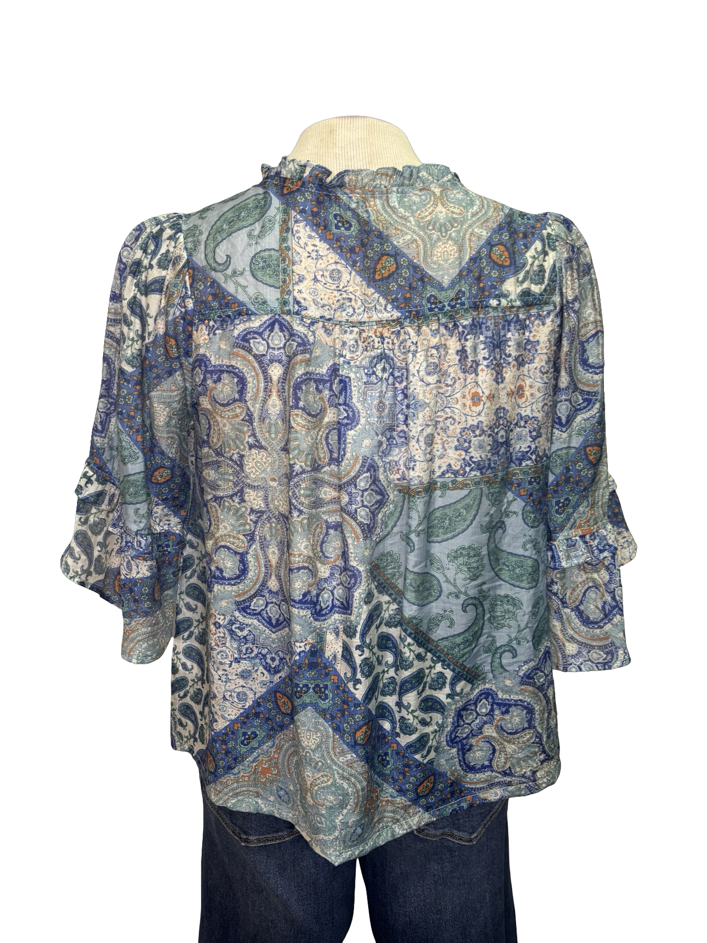 Front Self Tie Paisley Print Top Blue