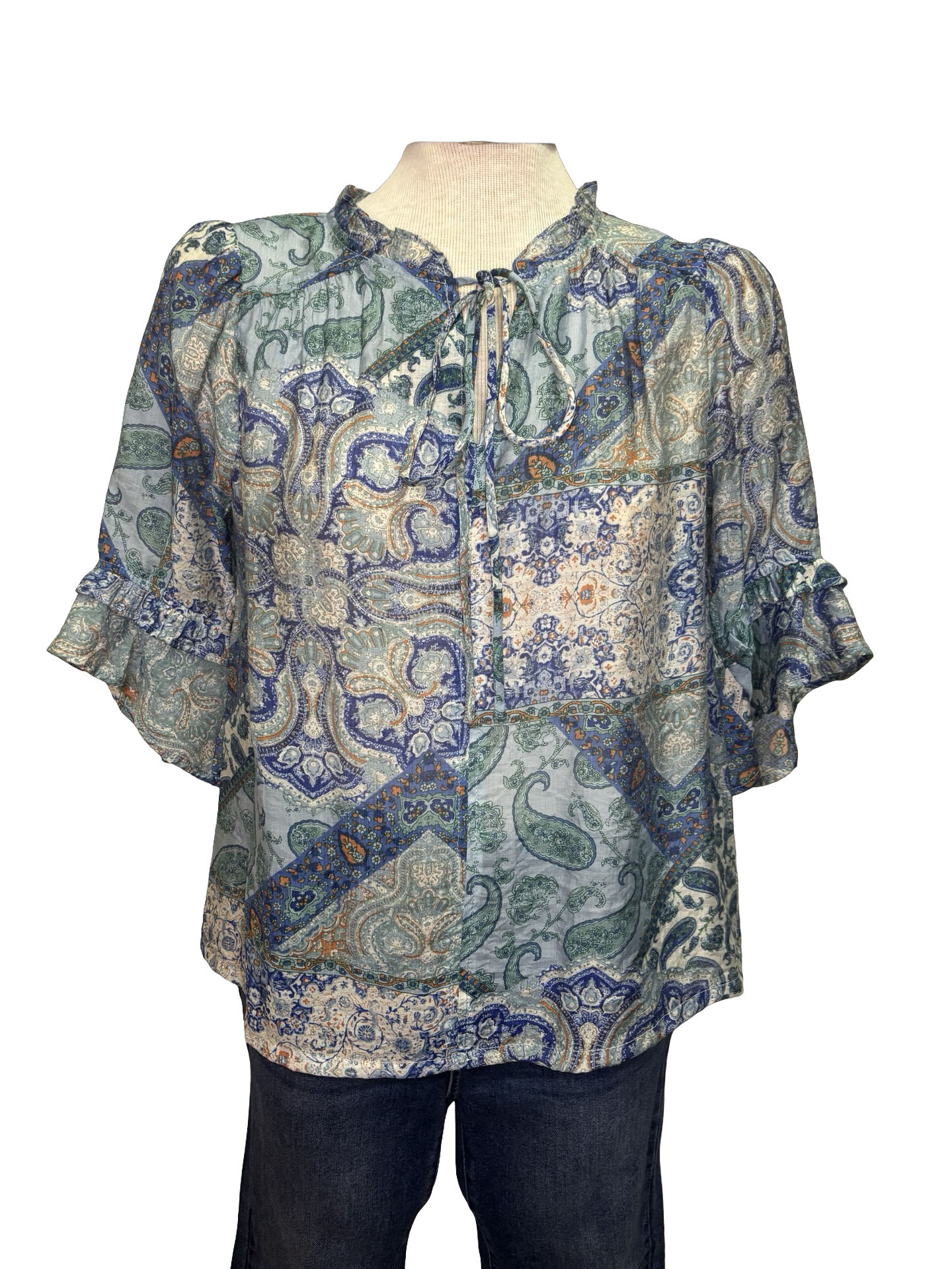 Front Self Tie Paisley Print Top Blue