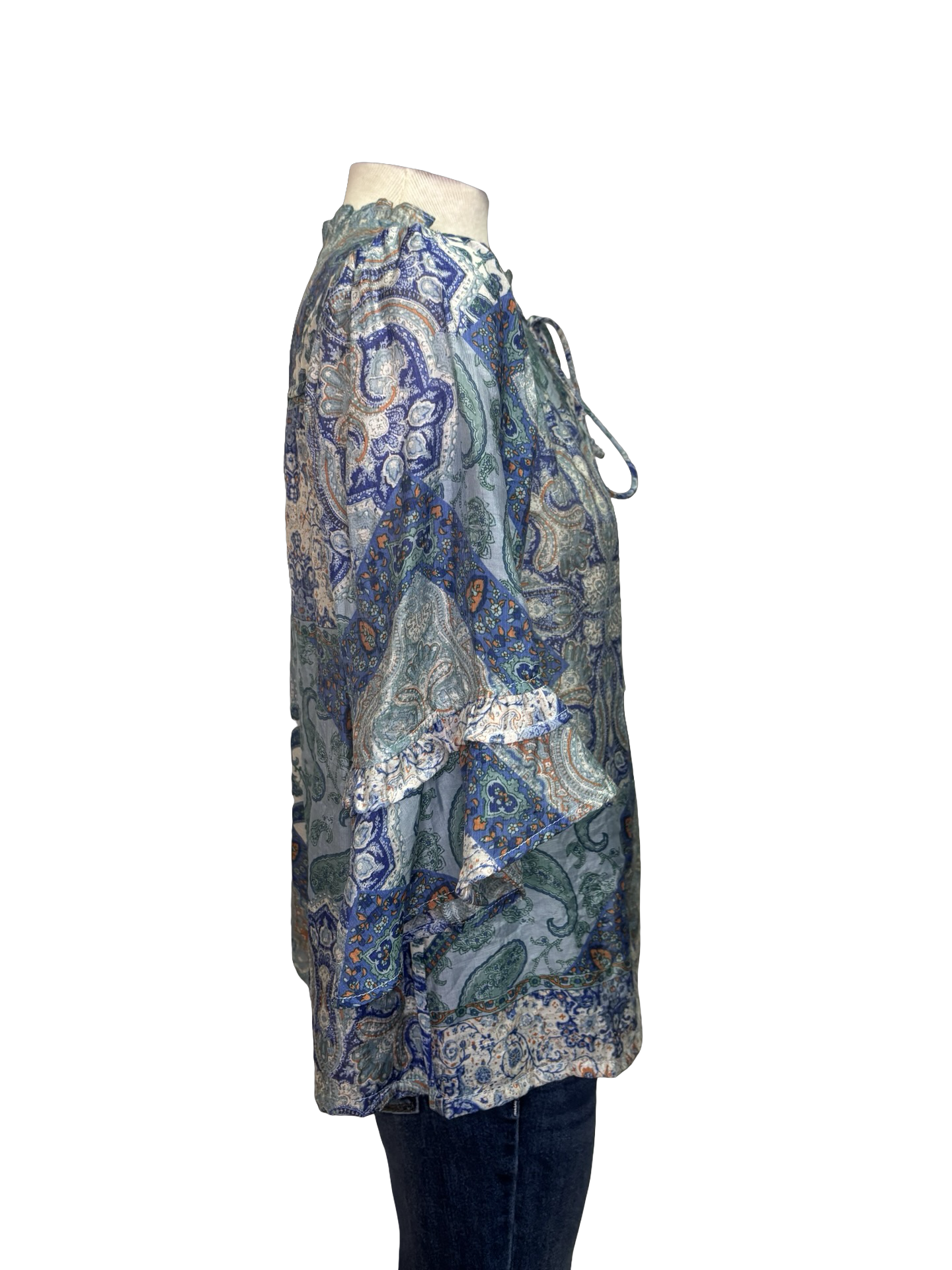 Front Self Tie Paisley Print Top Blue