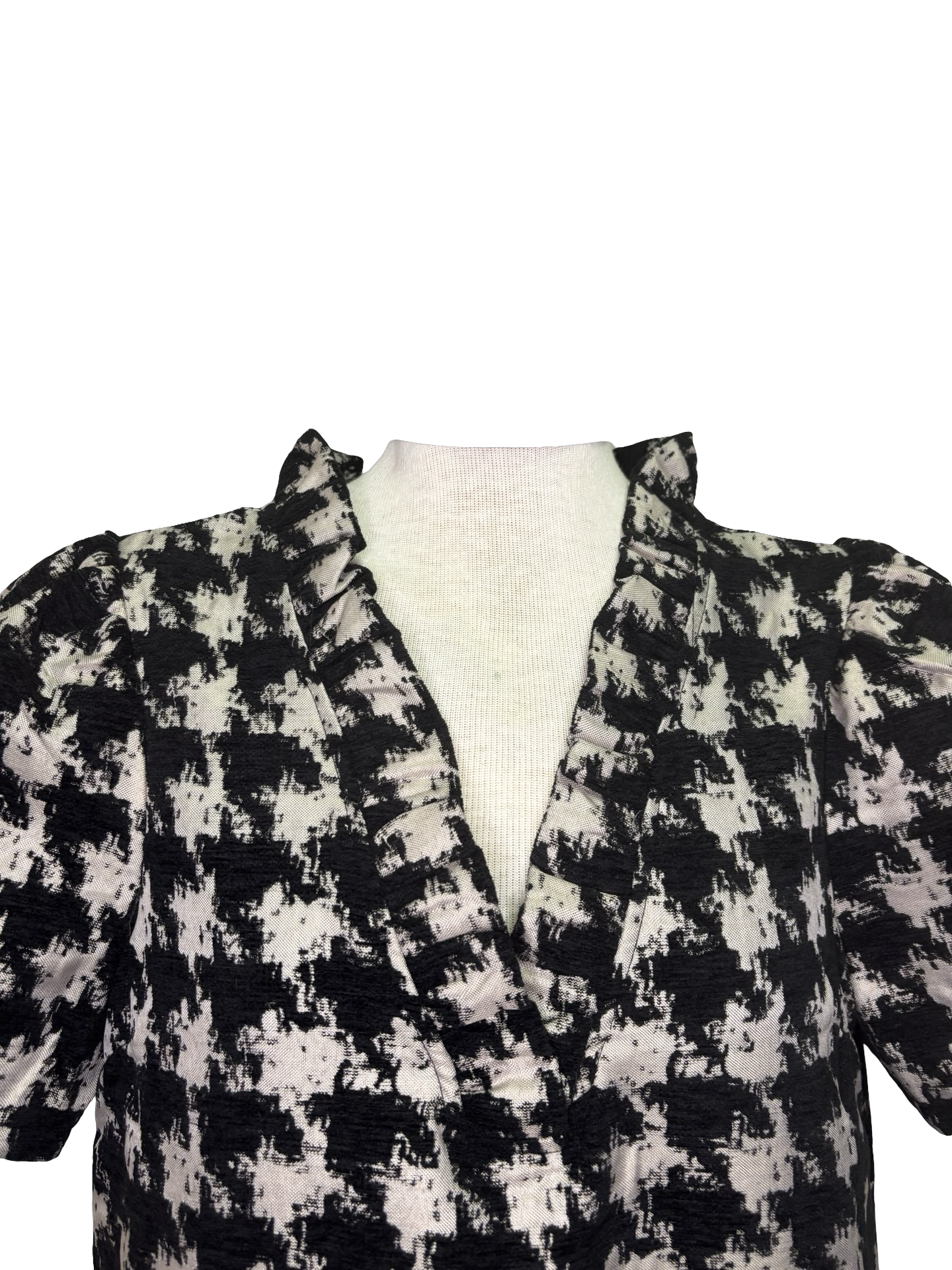 Houndstooth Ruffle V Neck Shift Dress