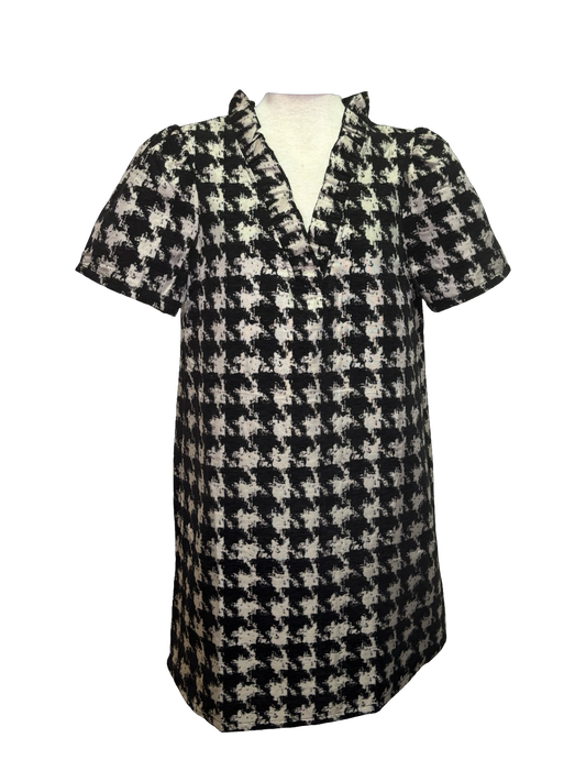 Houndstooth Ruffle V Neck Shift Dress