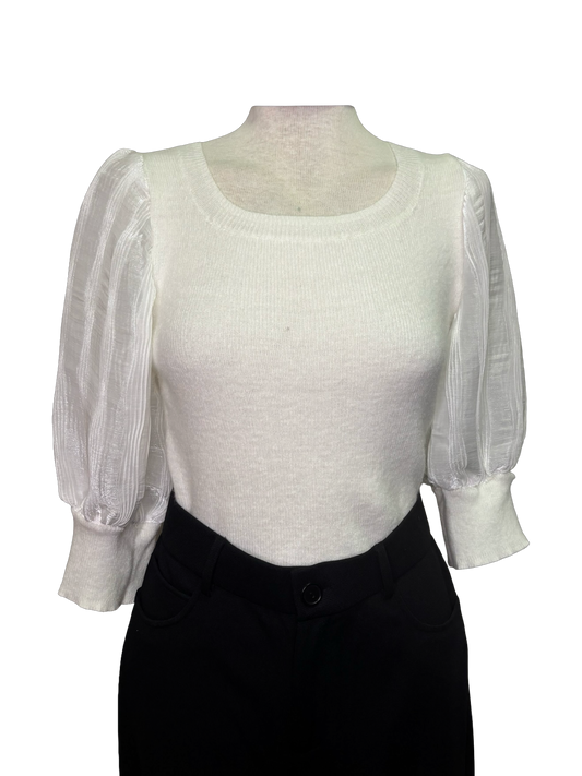 Pleated Puff Sleeve Knit Top Ivory