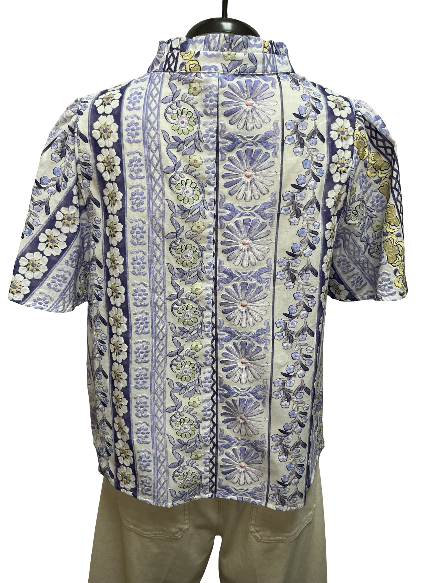 Ruffle V-Neckline Floral Print Embroidery Top Purple