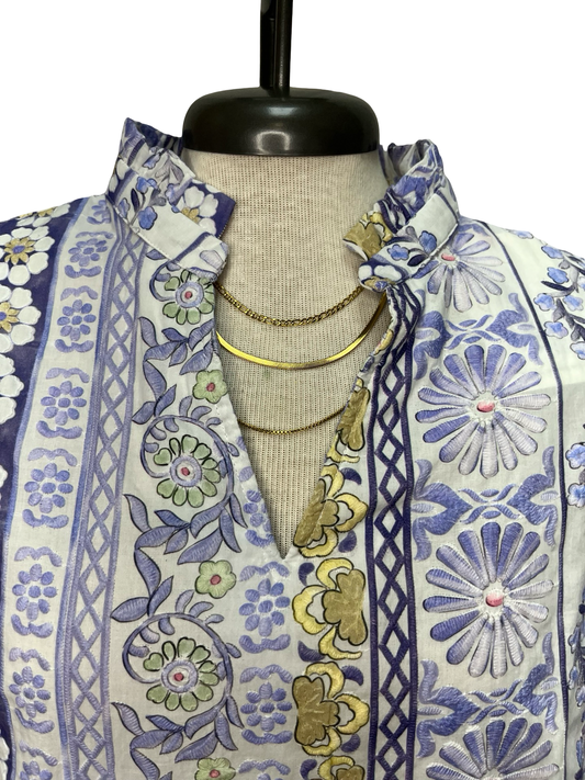 Ruffle V-Neckline Floral Print Embroidery Top Purple