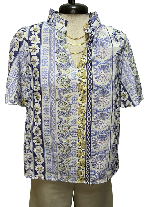 Ruffle V-Neckline Floral Print Embroidery Top Purple