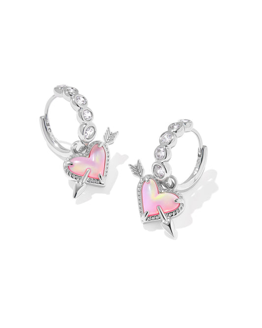 Ari Heart Arrow Huggie Earrings Silver Pink Opalescent Resin