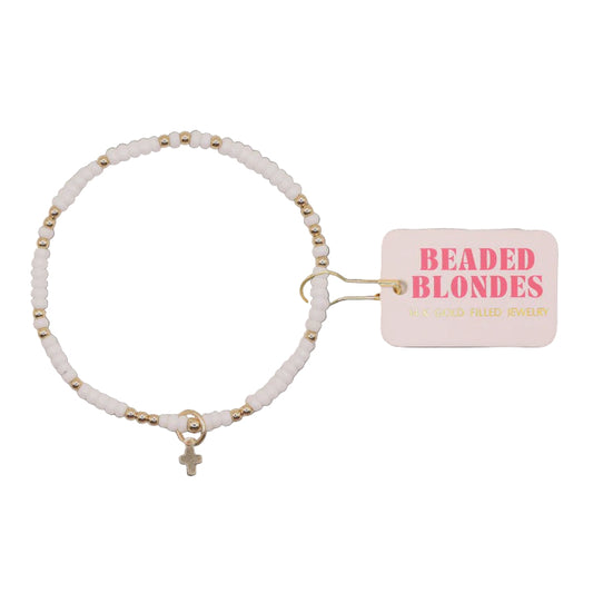 Beaded bracelet with a 'Beaded Blondes' tag on a white background