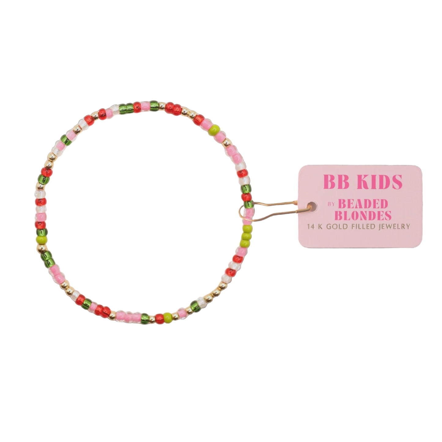 Colorful beaded hair tie with a pink label on a white background
