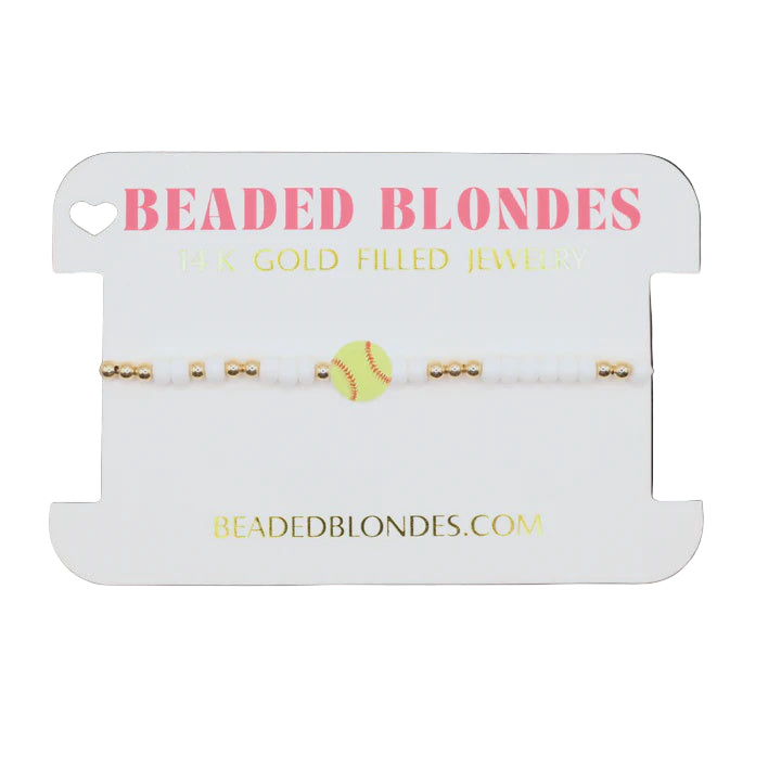 Beaded Blondes jewelry display card with a bracelet featuring a softball charm on a white background.