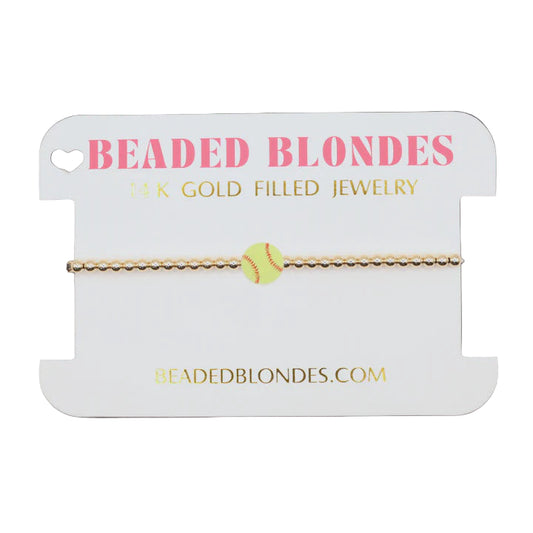 Beaded Blondes gold filled jewelry on a white card with brand name.