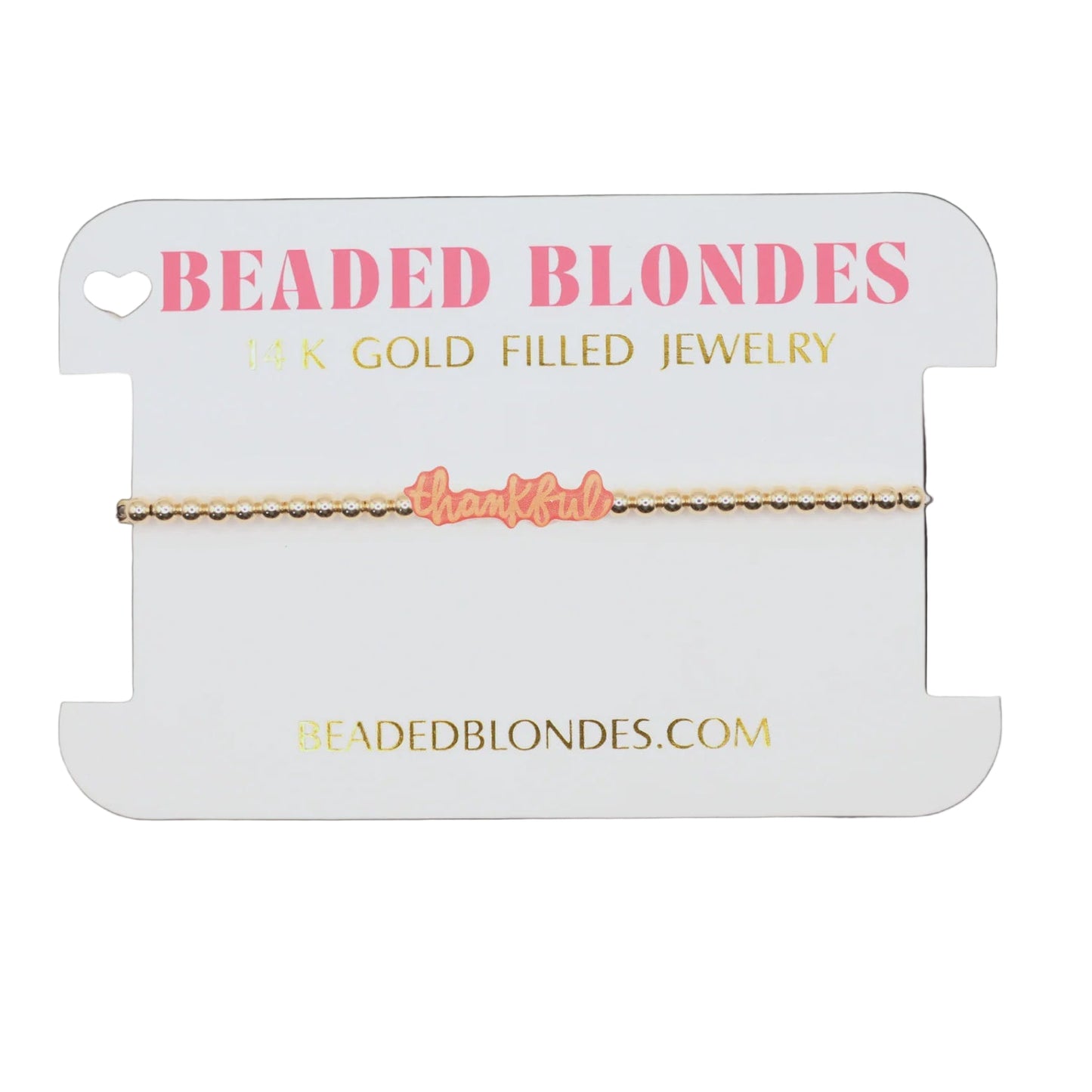 Beaded Blondes jewelry card with a gold bracelet on a white background