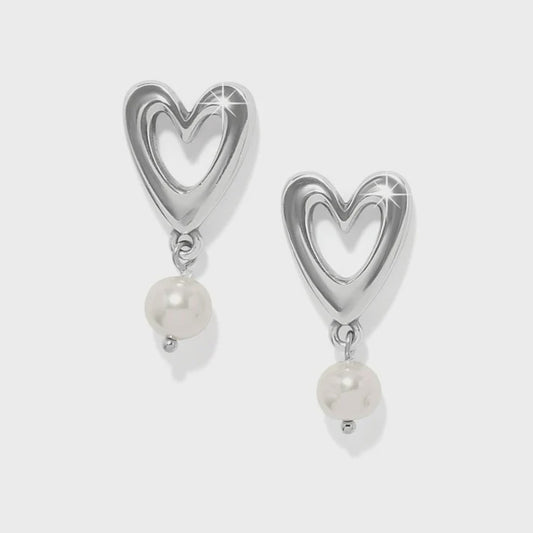 Cascade Open Heart Pearl Post Drop Earrings Silver