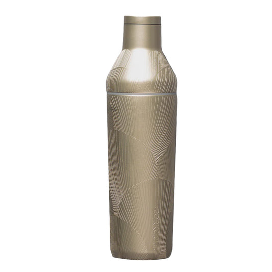 Metallic water bottle with engraved design on a white background