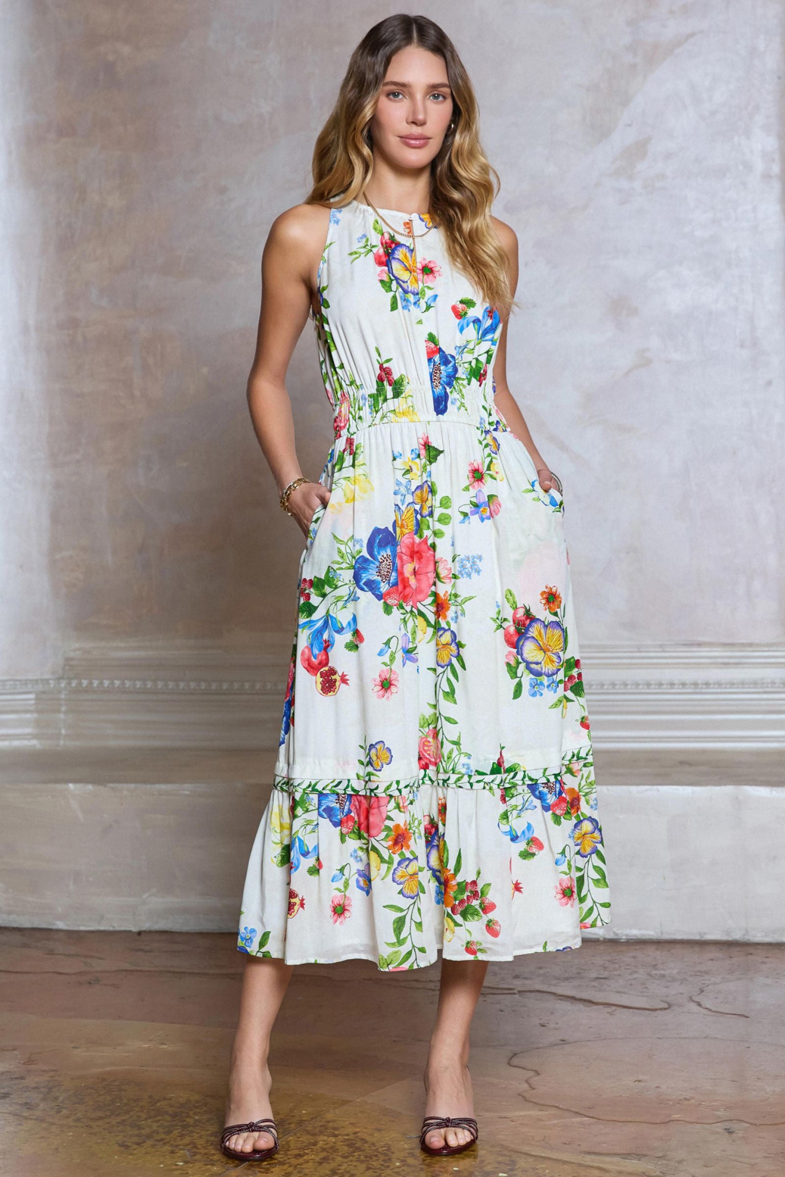 sleeveless midi floral dress Floral Sleeveless Midi Dress M