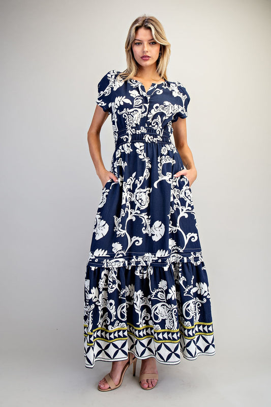 Printed Elastic Waist Maxi Dress Sapphire