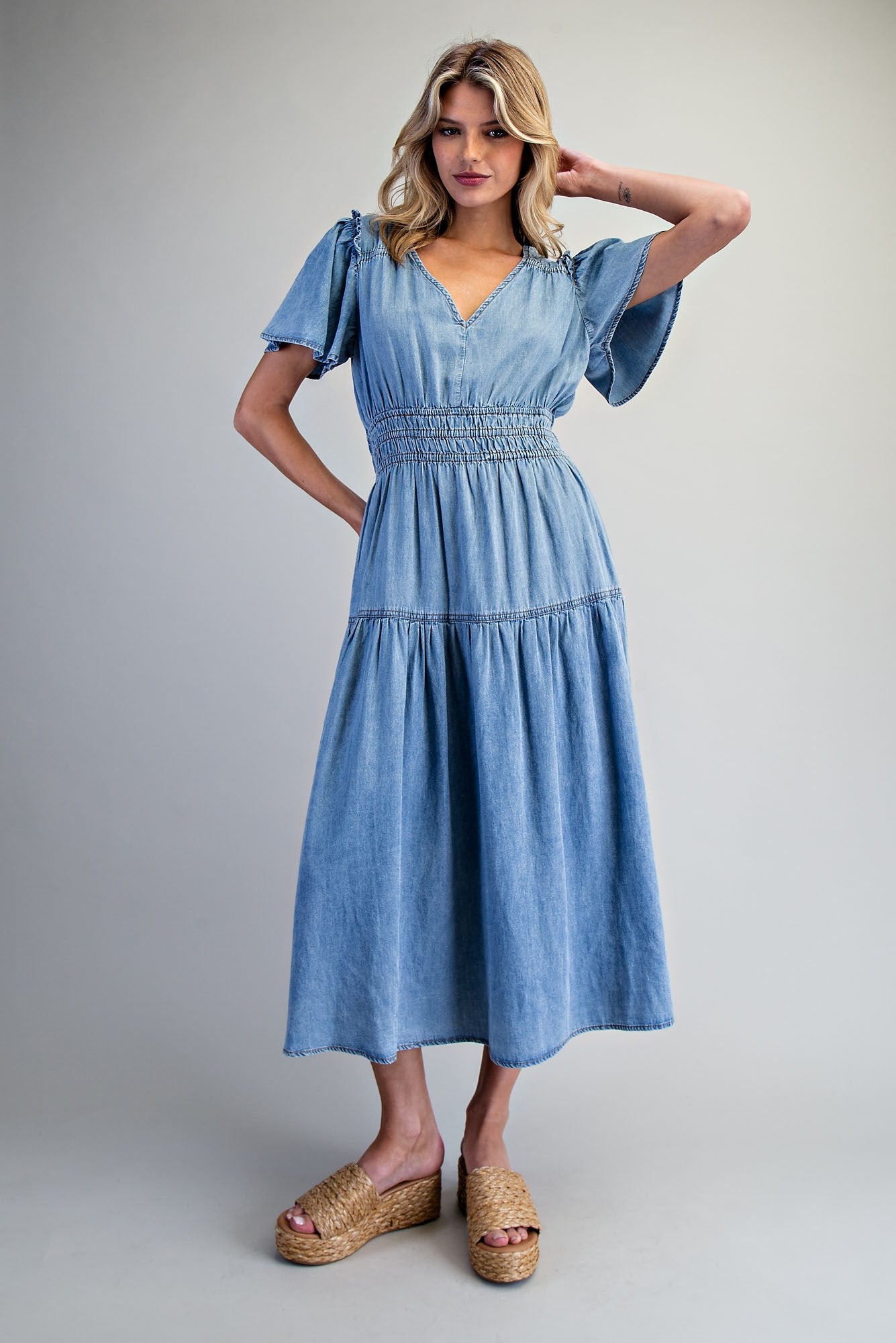 Snow Washed Smocked V-Neck Chambray Dress