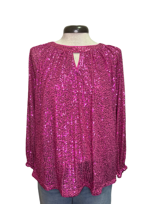 Glitter Keyhole Blouse Hot Pink