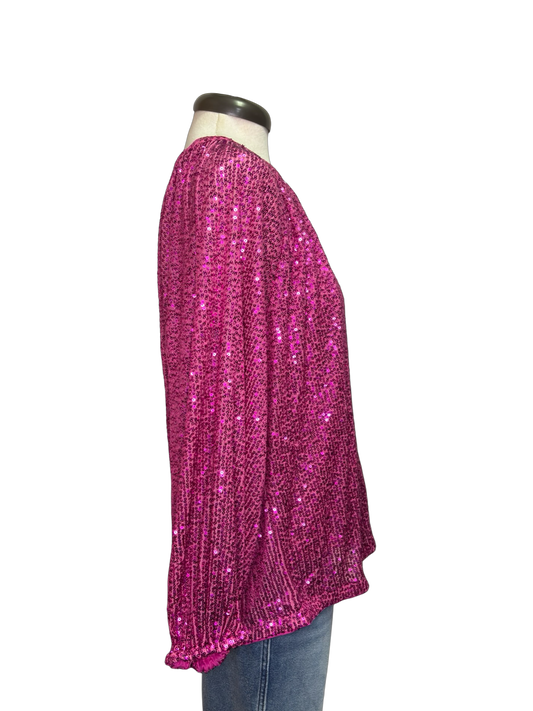 Glitter Keyhole Blouse Hot Pink