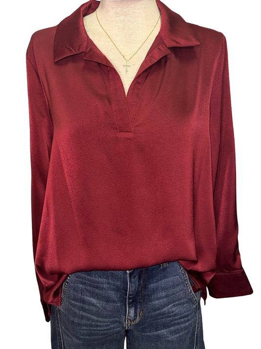 Notched Collar Long Sleeve Blouse Wine