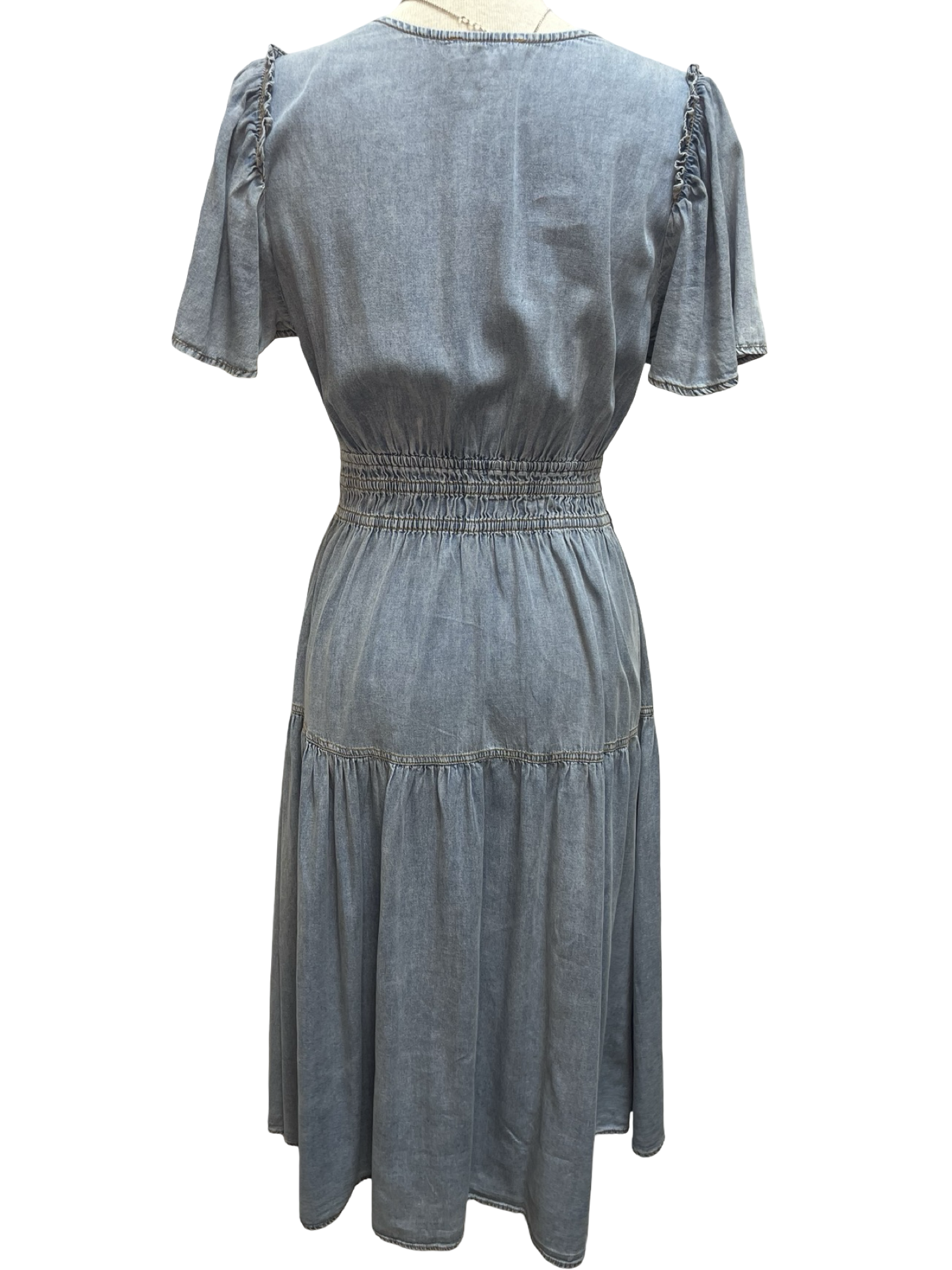 Snow Washed Smocked V-Neck Chambray Dress