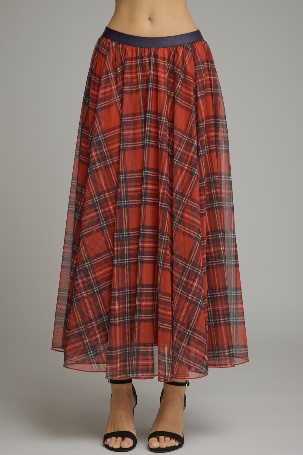 Plaid Mesh Midi Skirt Red