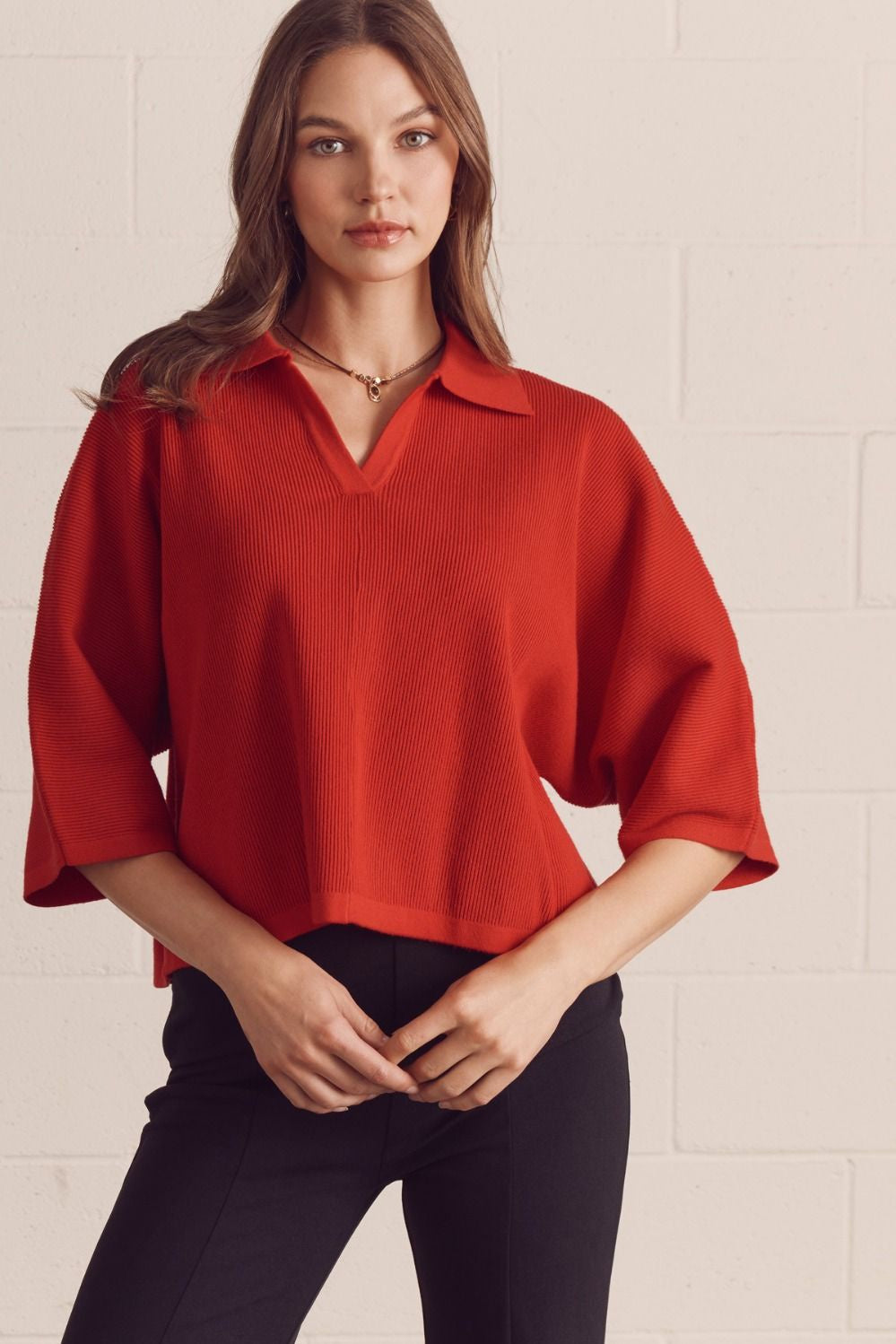 Knit 3/4 Sleeve V Neck Top