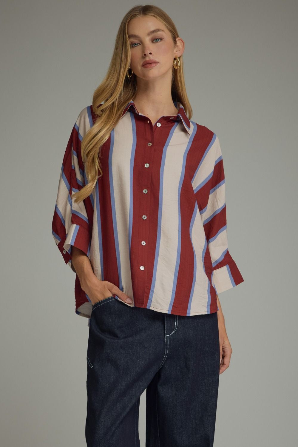 Striped Dolman Sleeve Top Wine Blue