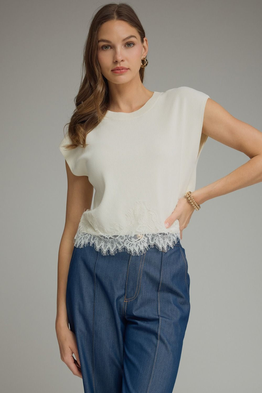 Cap Sleeve Knit Lace Trim Hem Top Cream